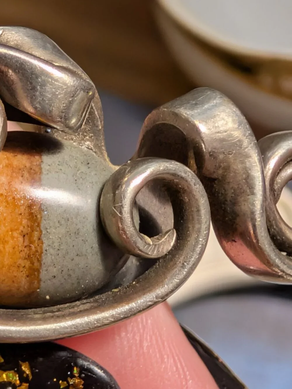 Vintage Artisan Made Modernist Chunky Silver Tone Grey & Brown Stone Ring